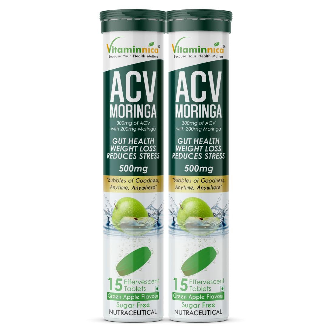 Vitaminnica ACV Moringa Effervescent Tablets To Control Cravings | Reduces Stress, Gut Health, Weight Loss | Sugar Free | 15 Tablets Each (Pack of 2, Green Apple)-image-11