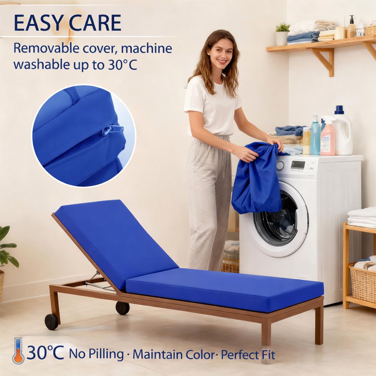 Genérico Cojín para Tumbona Exterior de Poliéster Impermeable, Colchoneta para Tumbona con Espuma 50D, 6 Cintas y Funda Extraíble, para Jardín, Terraza, Patio, Balcón y Piscina,Light Gray,183x53x6cm
