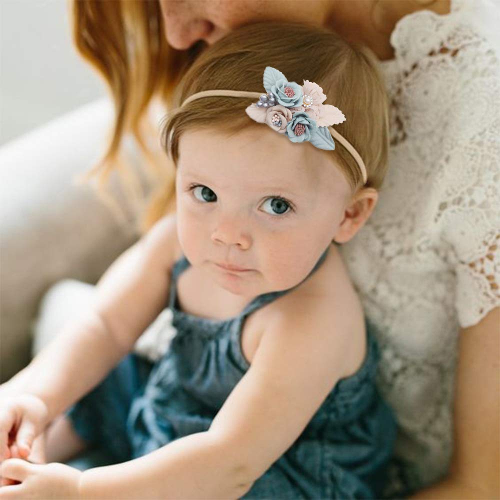 cherrboll 4 Stück Baby-Stirnbänder mit Blumen, super weich und dehnbar, Nylon-Blumenhaarbänder für Neugeborene und Kleinkinder