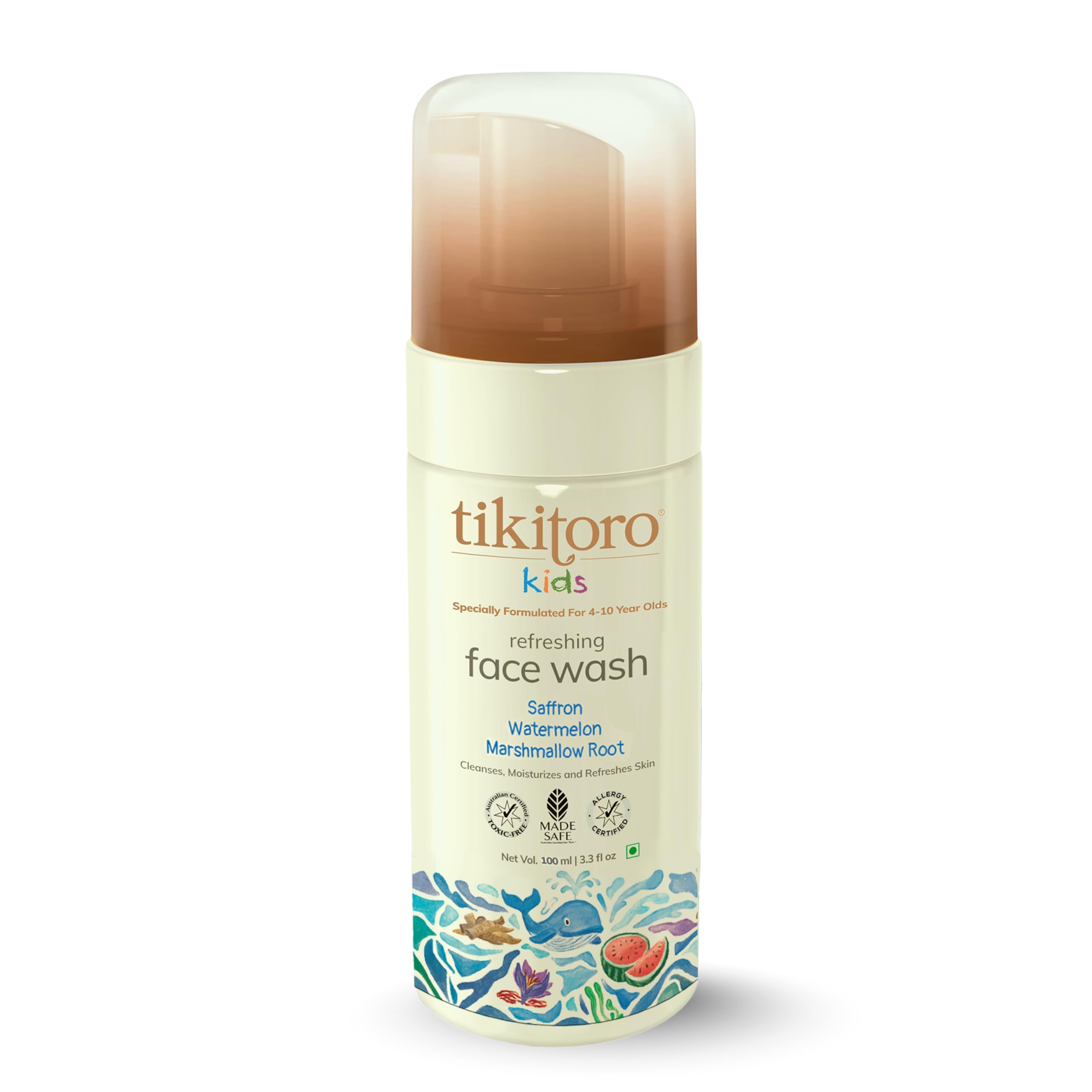Tikitoro Kids Refreshing face wash| Pediatrician Approved | 100% Vegan with Saffron, Watermelon and Marshmallow Root | Cleanses, Purifies & Moisturises Skin | No Parabens & Sulphates (100 ml)