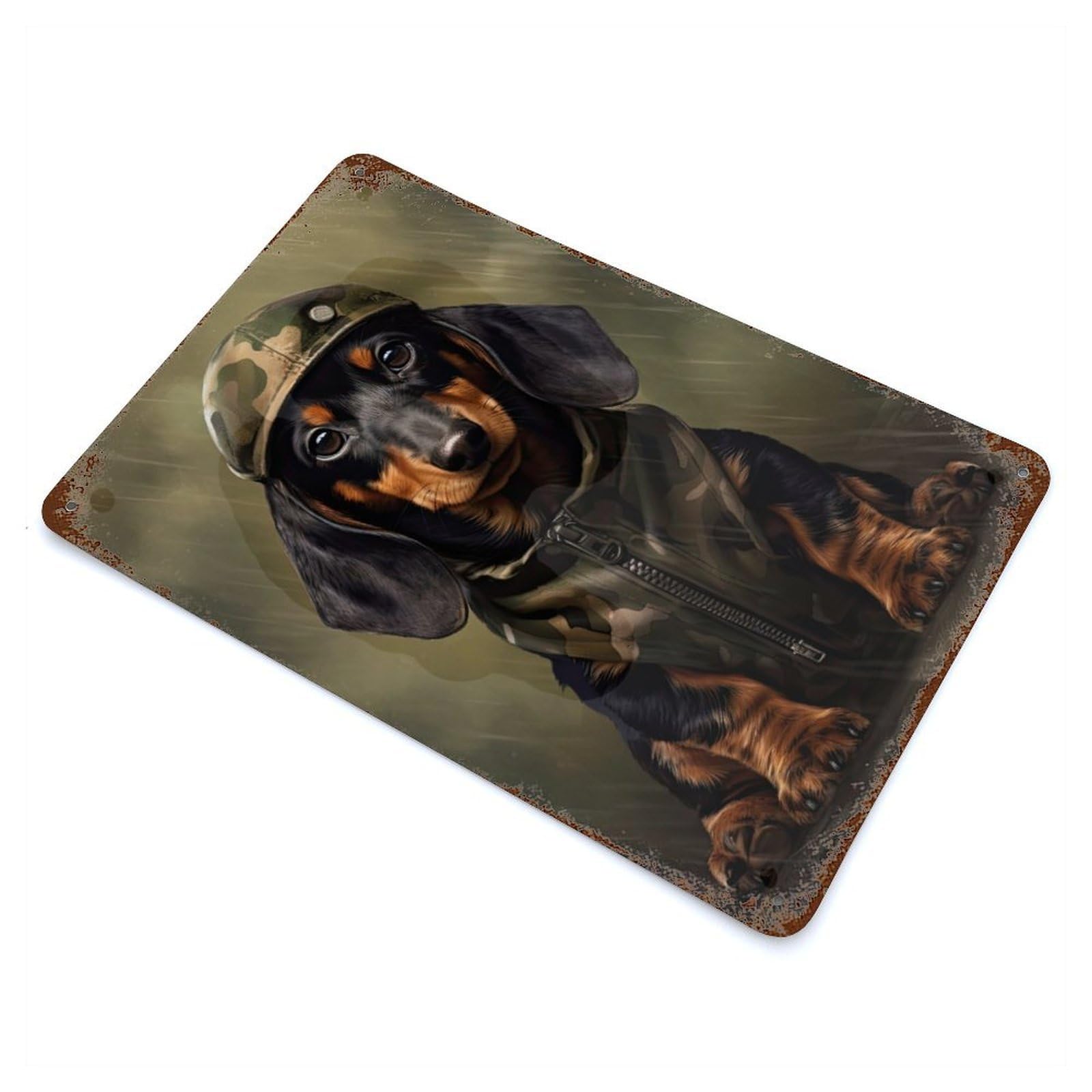 Vintage Rust Metal Sign Dachshund Camo Jacket 11.8"x7.9", Decorative Metal Wall Art for Basement, Hobby Room And Garage Decor