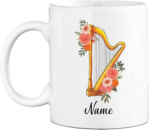 Miniatura 1 de Taza de cerámica personalizada de arpa, regalo de taza de arpista, taza de instrumentos musicales, taza de café de arpa con nombre personalizado,