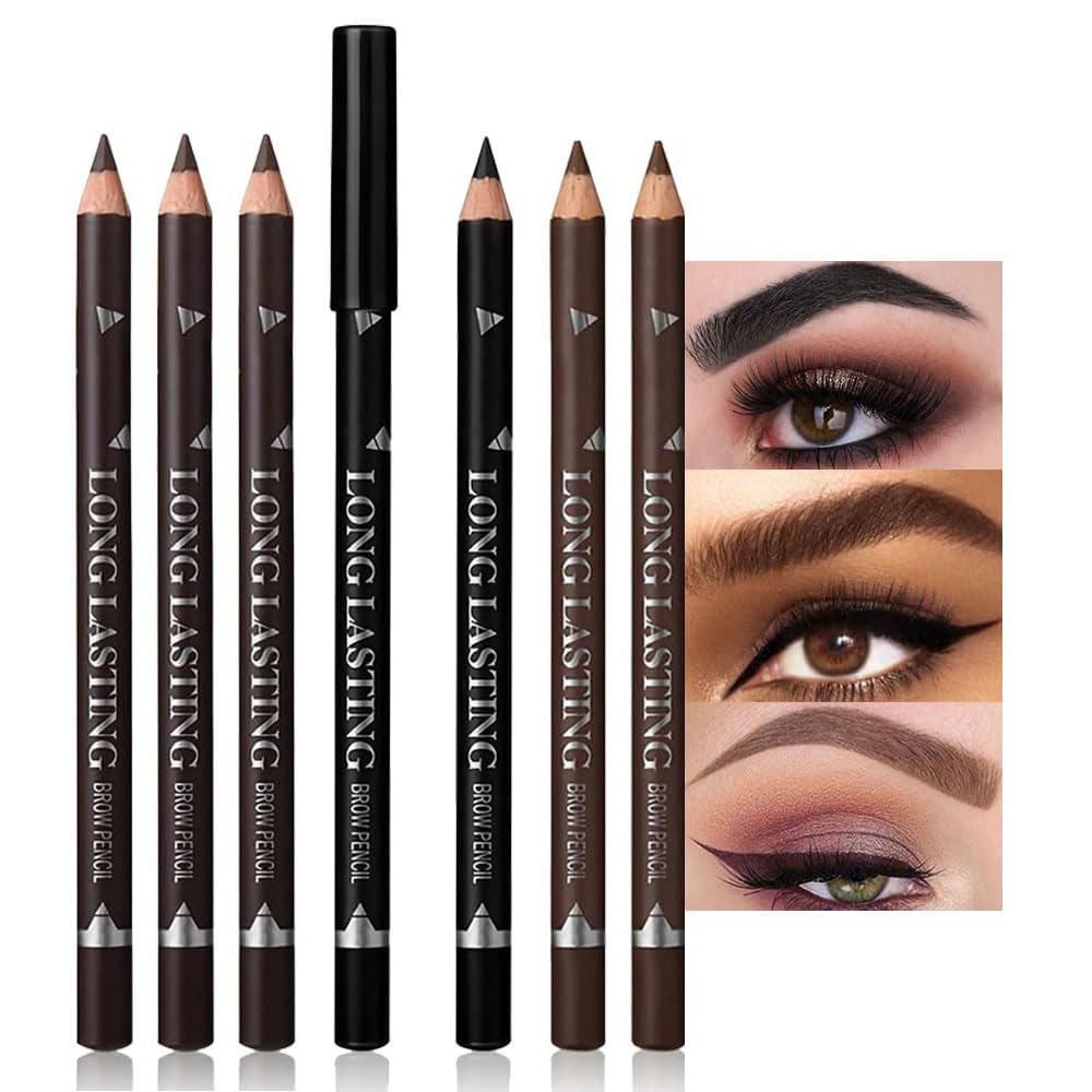 Augenbrauenstift-Set mit Spitzer, 6-teiliges Set mit Spitzer – Augenbrauenstifte aus Holz, perfekt für Augenbrauen und Eyeliner, wasserdicht und schweißfest für Anfänger-Make-up (schwarz + 3 x