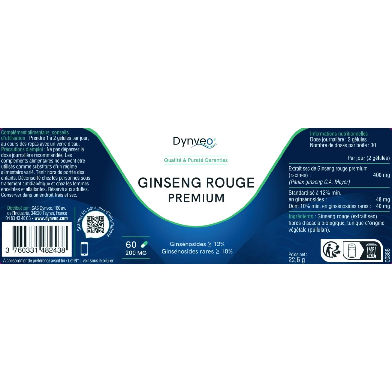 Ginseng Rouge Premium 200 mg - Haute Concentration - Ginsénosides 10% & Ginsans 6% - Vitalité, Énergie, Endurance, Fonctions Cognitives - Pureté & Qualité Optimales - 60 Gélules (1 à 2 Mois) - Dynveo