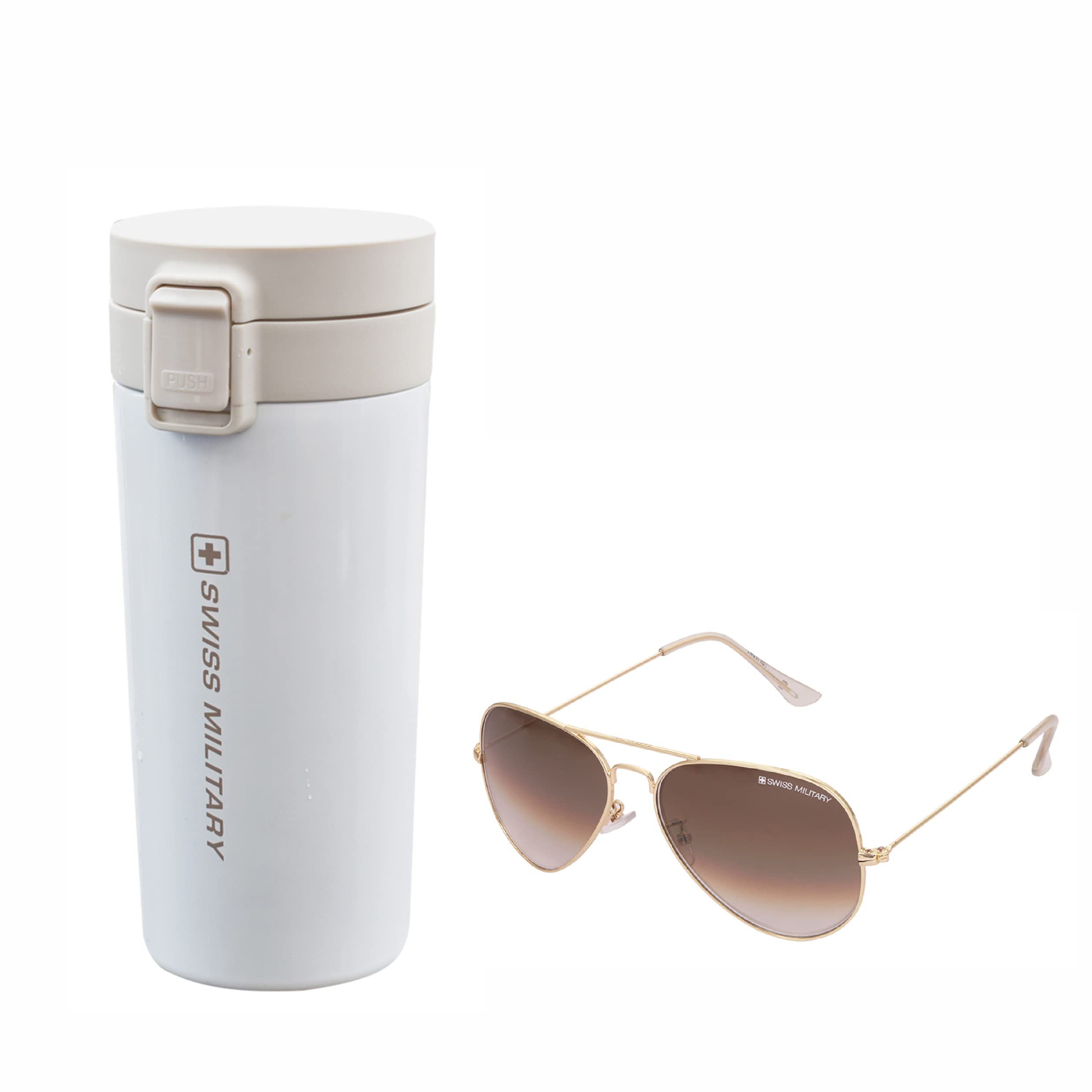 Swiss Military Combo of Sunglasses for Men, Women| Aviator Sunglasses for Men| Brown, 1 & Stainless Steel Insulated Coffee Mug with Lid for Office, Travel Mug, Coffee Tumbler with Lid, 300ML, White