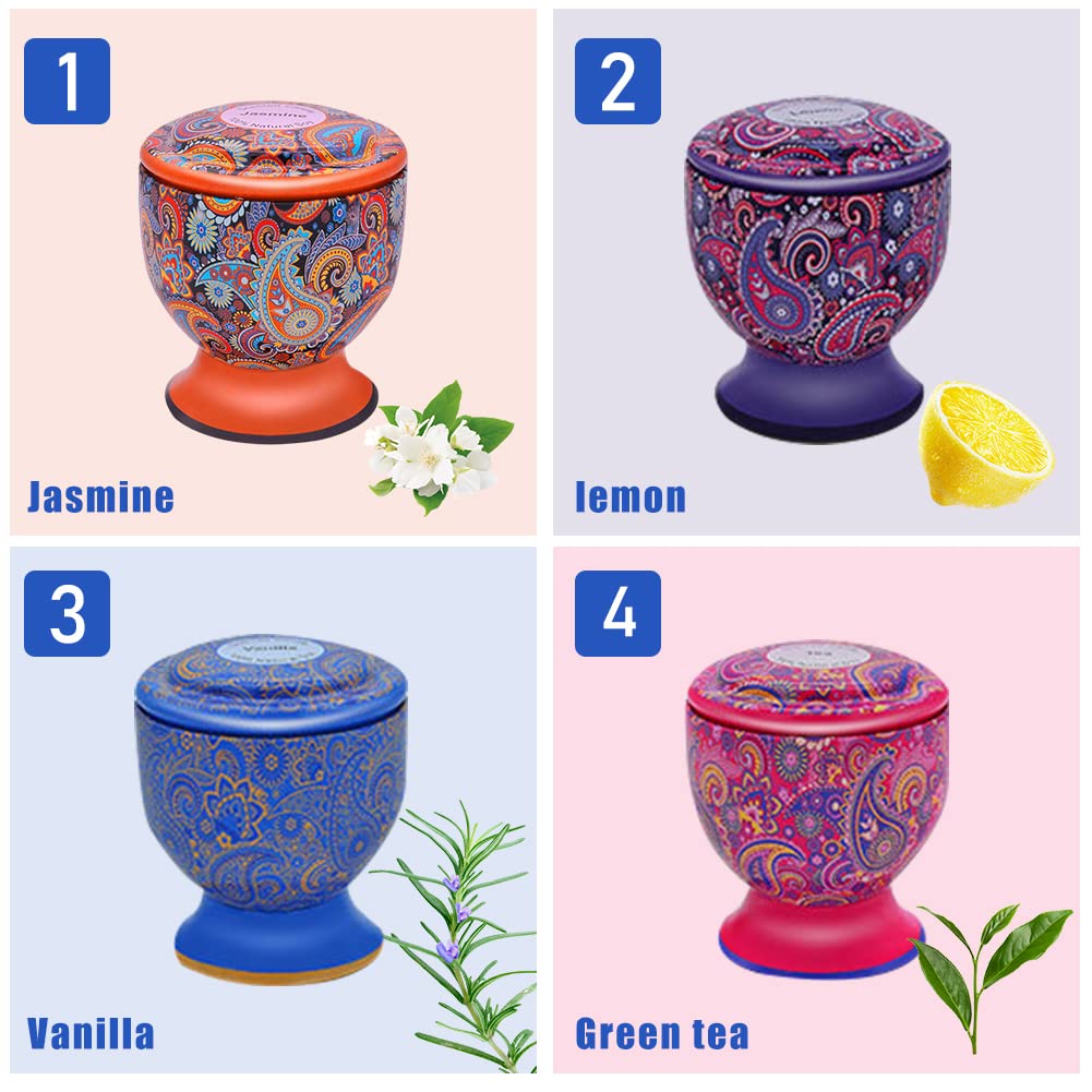 URFEDA Juego de velas perfumadas, 100% cera de soja natural, 4 unidades x 120 g, velas aromáticas duraderas, jazmín, vainilla, limón, té verde, juegos de velas regalo para aliviar el estrés y relajar