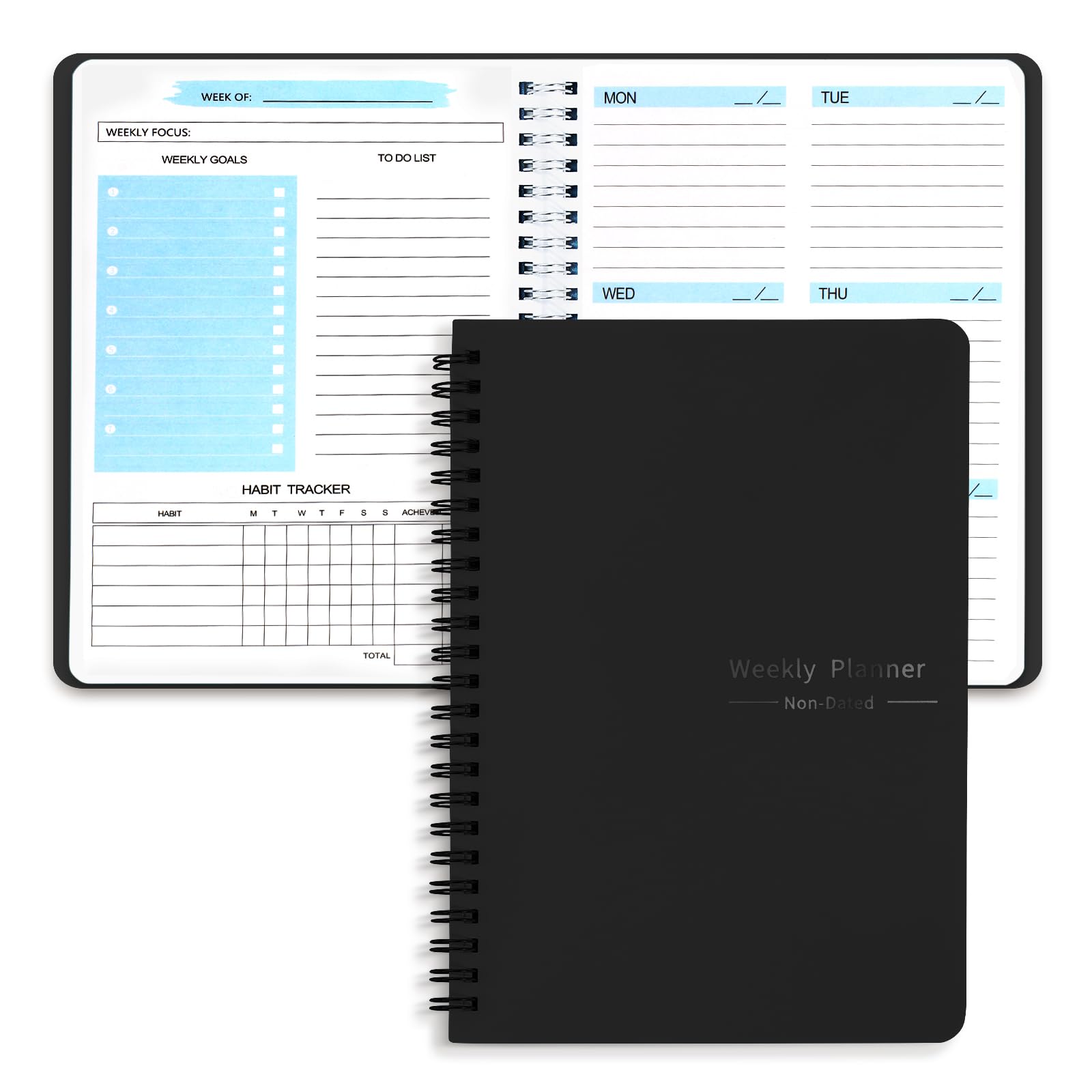 DoubleCare Weekly Planner No Date, A5 English Spiral Notebook, Work Planner, Weekly Notes, Waterproof PVC Cover (Black)