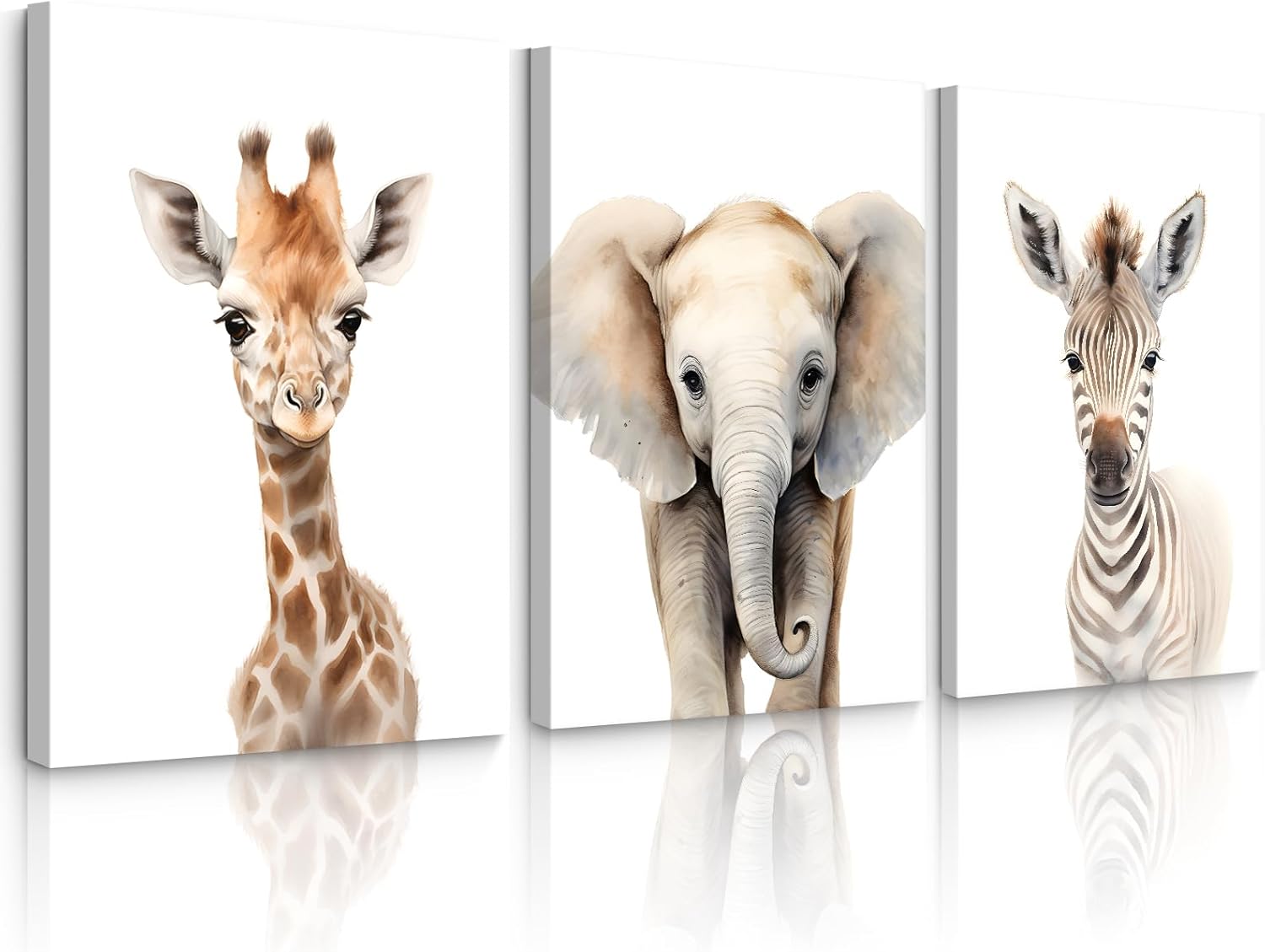 Lhoiplme Nursery Animal Wall Art Safari Baby Wall Decor Boy Room Nursery Canvas Prints Jungle Animal Art Pictures Kids Cute Safari Poster for Girl Bedroom 16x24 Inch Wrapped Canvas Set of 3 16x24 Inch Wrapped Canvas Elephant Giraffe Prints