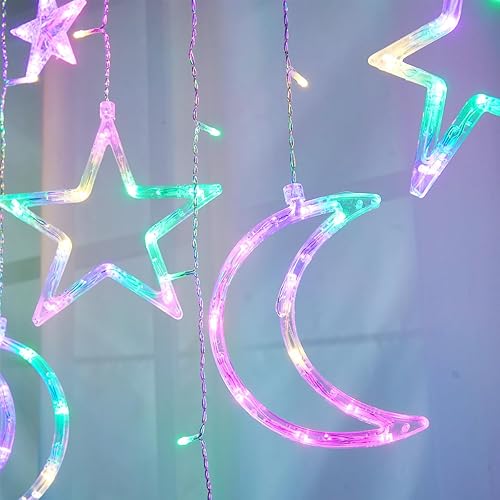 Miniatura 3 de ALFEUND Cortina decorativa estrellada de 7.5 pies, luces de lunas y estrellas, luz nocturna LED para decoración del hogar, fiesta, control remoto,