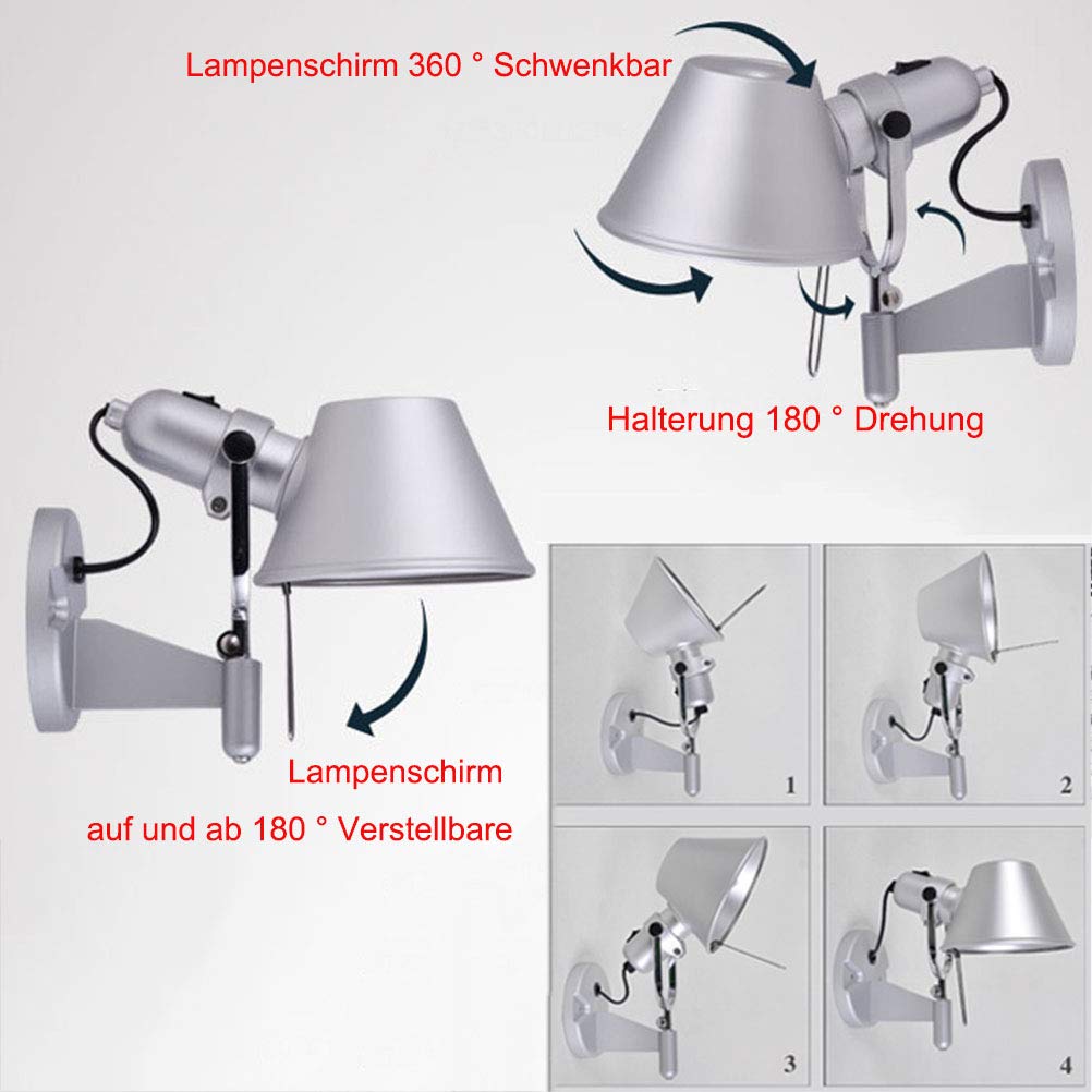 Lampada Da Parete Orientabile E27 | Design Industriale Retro | Per Soggiorno, Camera, Ufficio | Nero/Argento - Foto 5