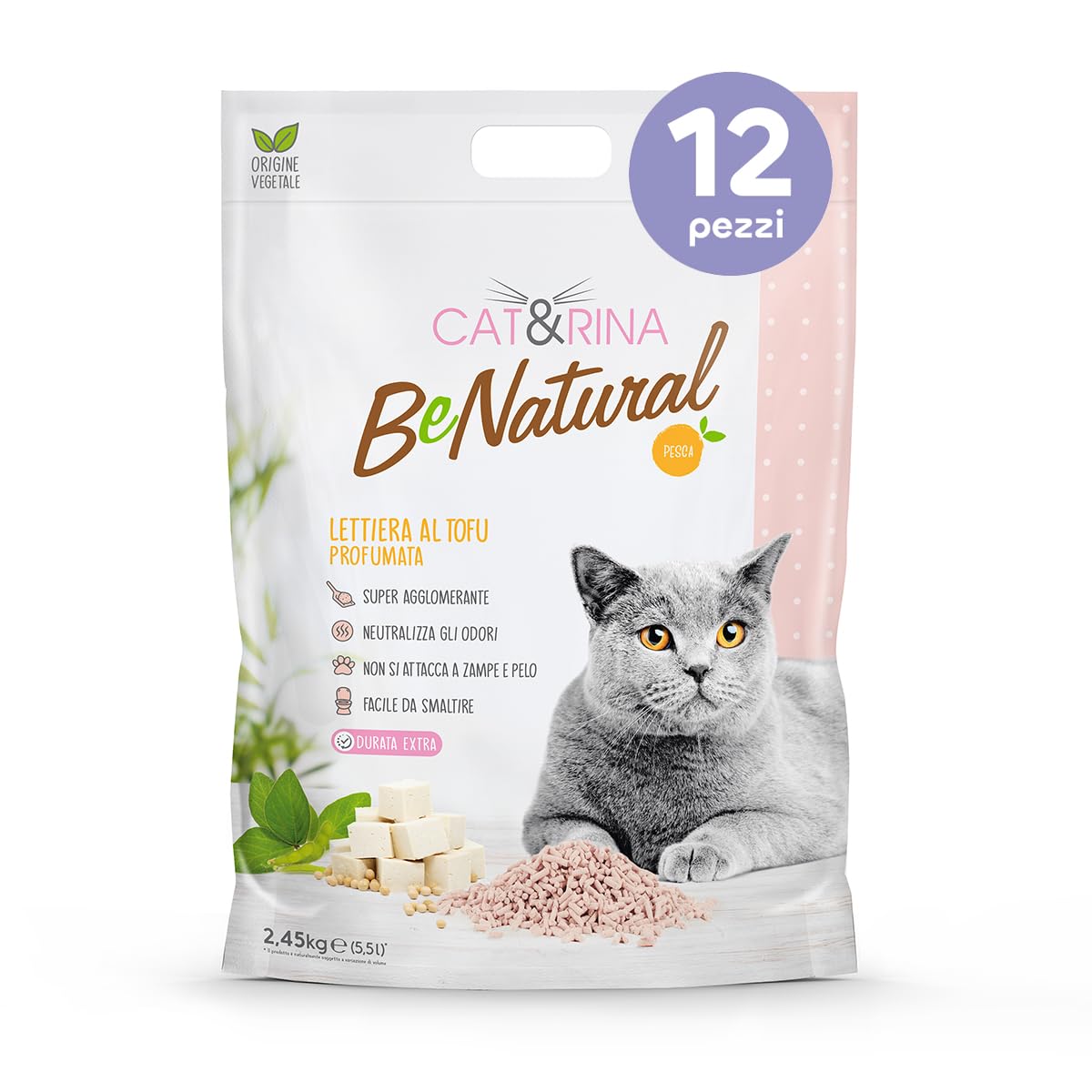 Cat&Rina lettiera vegetale per gatti al tofu da 5,5l. Si smaltisce nell'organico o nel wc. Sabbia anti odore, Profumazione Pesca, 12 pezzi