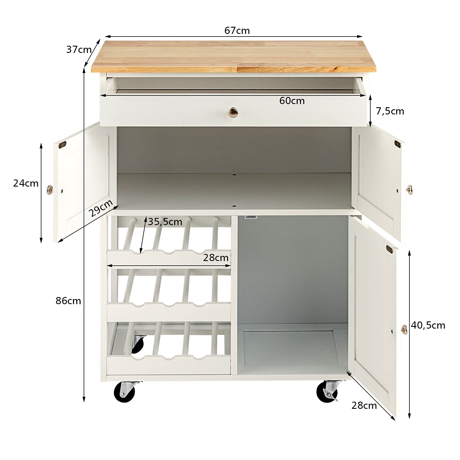 COSTWAY Carro de Cocina, Isla de Cocina con Superficie de Madera de Goma, Cajón, Botellero con 3 Niveles, 2 Armarios, Carrito Giratorio Ideal para Restaurante Cocina Bar (Blanco)