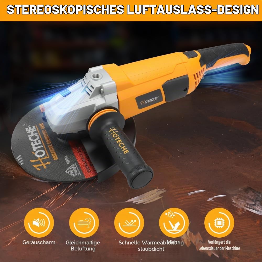 Hoteche 2400W Winkelschleifer 230mm Trennschleifer mit Kupfermotor - Selbstverriegelnder Schalter, Soft-Start, 6500rpm,VDE Stecker - Gelb/Schwarz