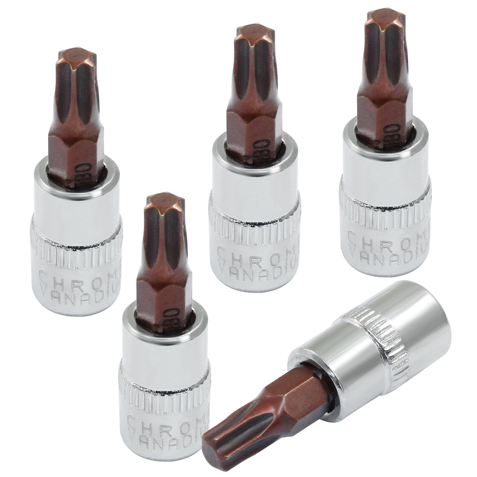 5 Pcs T30 Torx Bit Socket 1/4" Drive S2 Alloy Steel Cr-V Steel Star Socket Torx Bits Set Use with Slide Bar, Ratchet Wrench, Extension Rod, 37mm Length