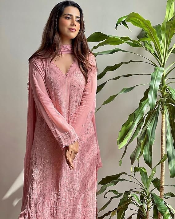 Image of Women Embroidered Straight Kurti with Palazzo And Dupatta Set | Elegant Ethnic Wear Kurta Set | V-Neck Long Sleeve Kurti | Stylish Casual, Festive & Wear for Women