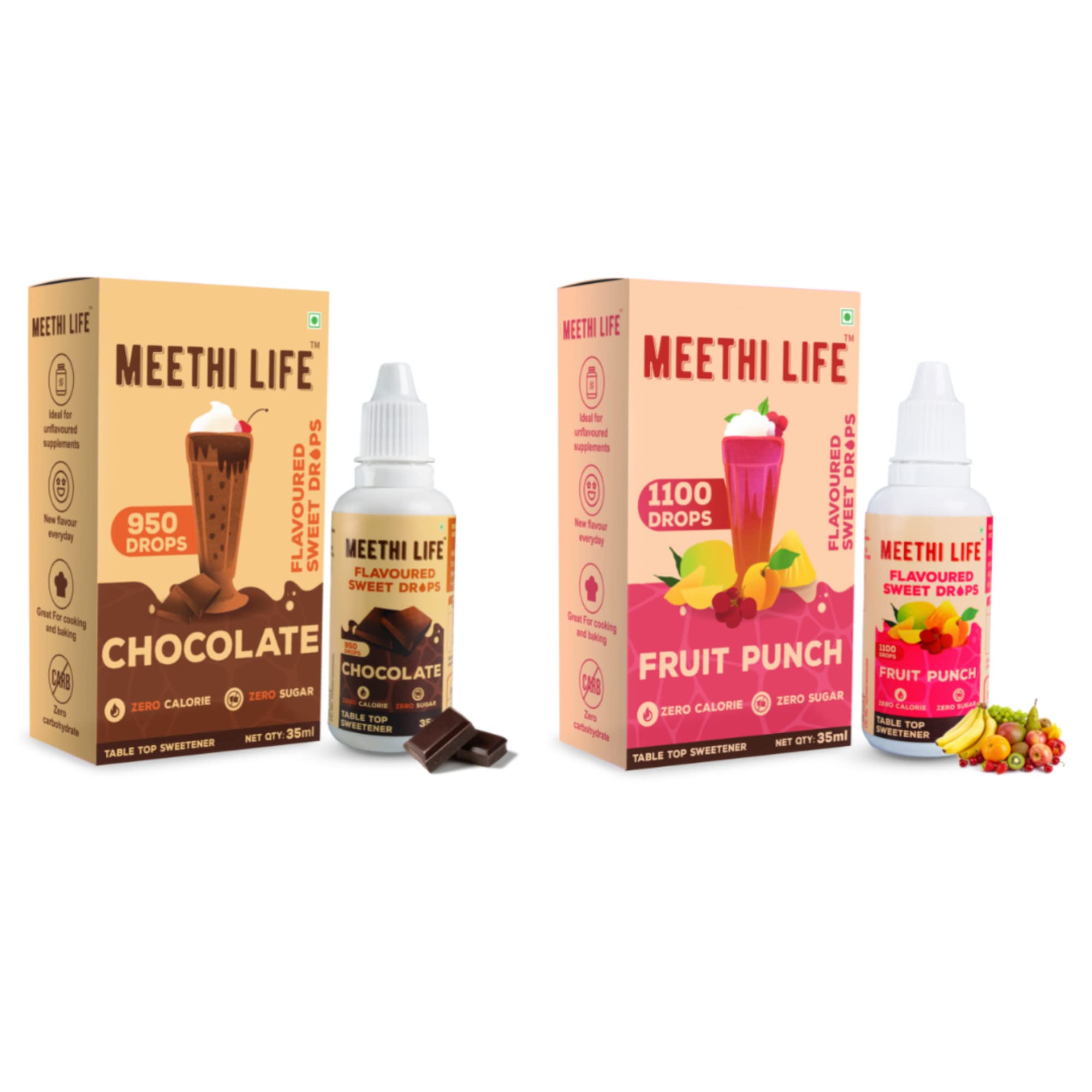 Flavoured Sweet Drops, Chocolate, Fruit Punch, Zero Calorie Zero Sugar, Ideal for Shakes, Smoothies, Oat Meals, Raw Whey Protein, 35 Each (Pack Of 2)