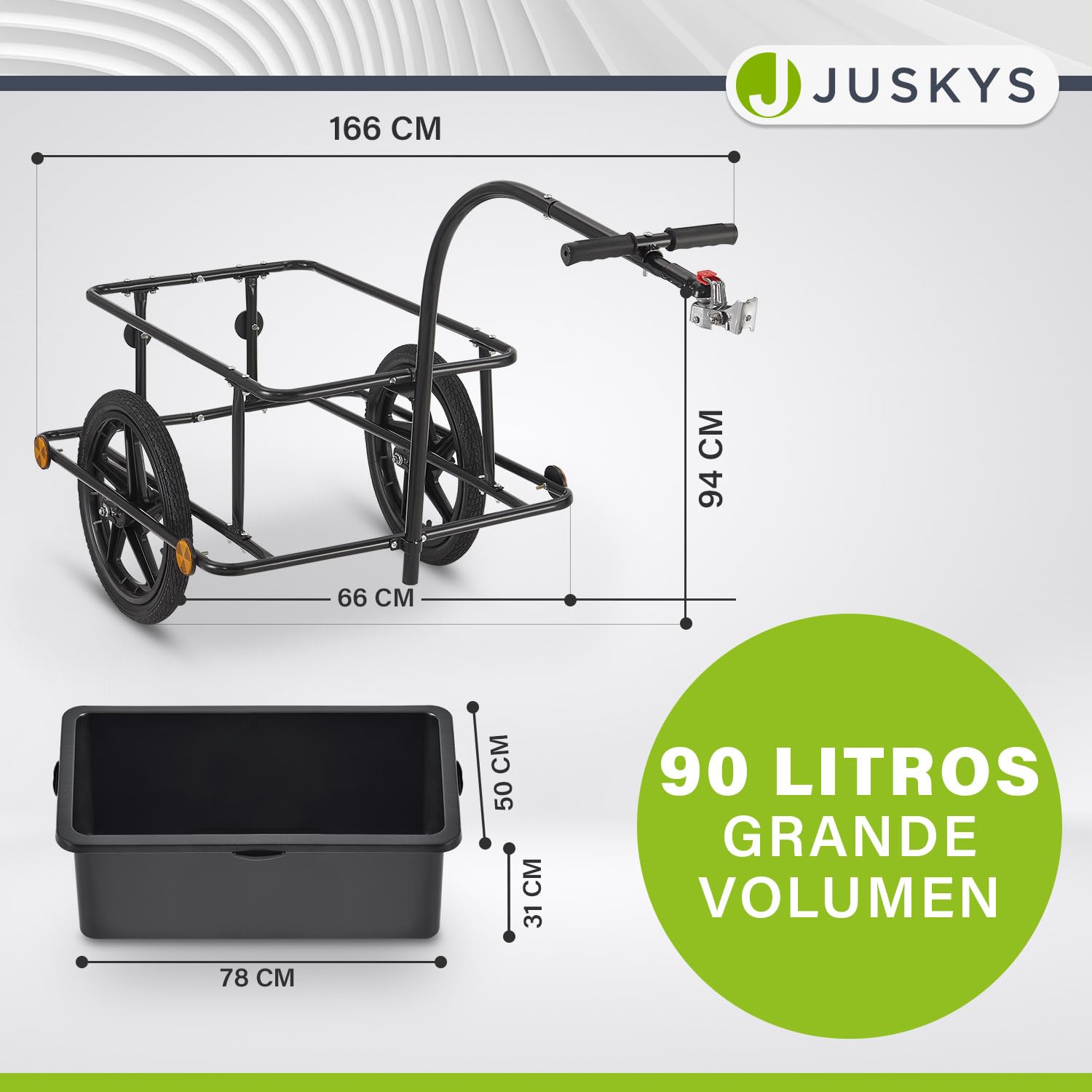 Juskys Remolque para Bicicleta 90 litros - Remolque de Carga con Enganche, Barra de tracción - Remolque para Bicicleta 40/80 kg de Carga útil - Remolque de Transporte con Lona Protectora