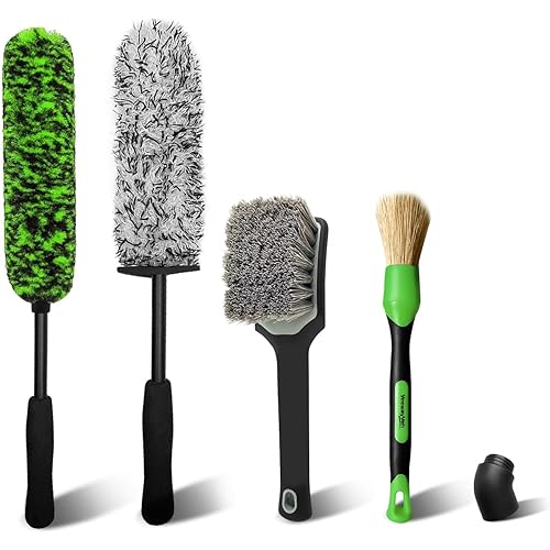 4PCS Car Wheel Cleaning Kit, Bendable Wheel Brush and Microfiber Scratch-Free Wheel Cleaner Brush, Tire and Car Detailing Brush Set for Cleaning Rims Fenders Engine and Exhaust, Green&Black
