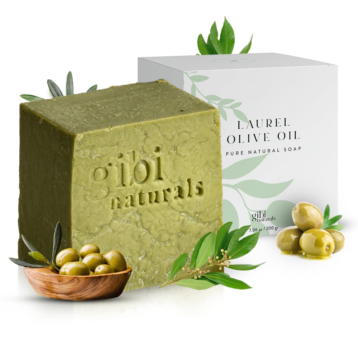 gibi Olive Oil Soap Bar with Laurel - 7.06 Oz Pure Natural Olive Oil Bar Soap - Moisturizes & Hydrates Skin - Gentle on Face and Body