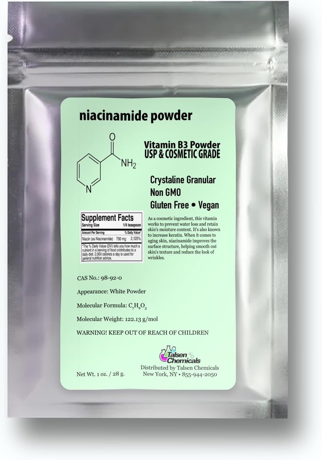 Pure Niacinamide Powder for Skin Care (Vitamin B3) DIY Niacinamide Serum, Niacin Powder (1 Ounce / 28 Gram) Cosmetic Grade