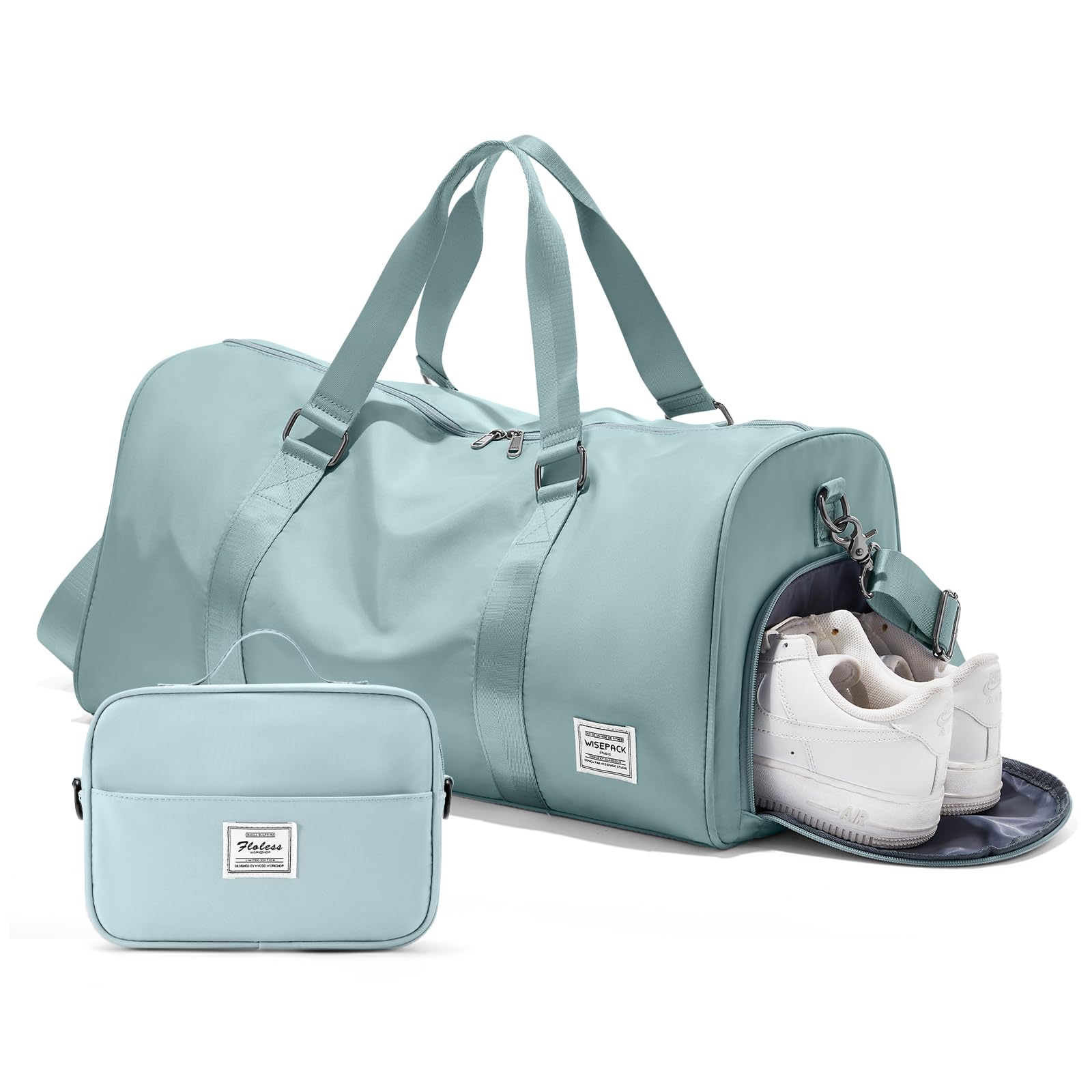 Light Blue Gym Bag with Shoe Compartment, Waterproof Weekender Travel Duffel Tote Carry On Bag