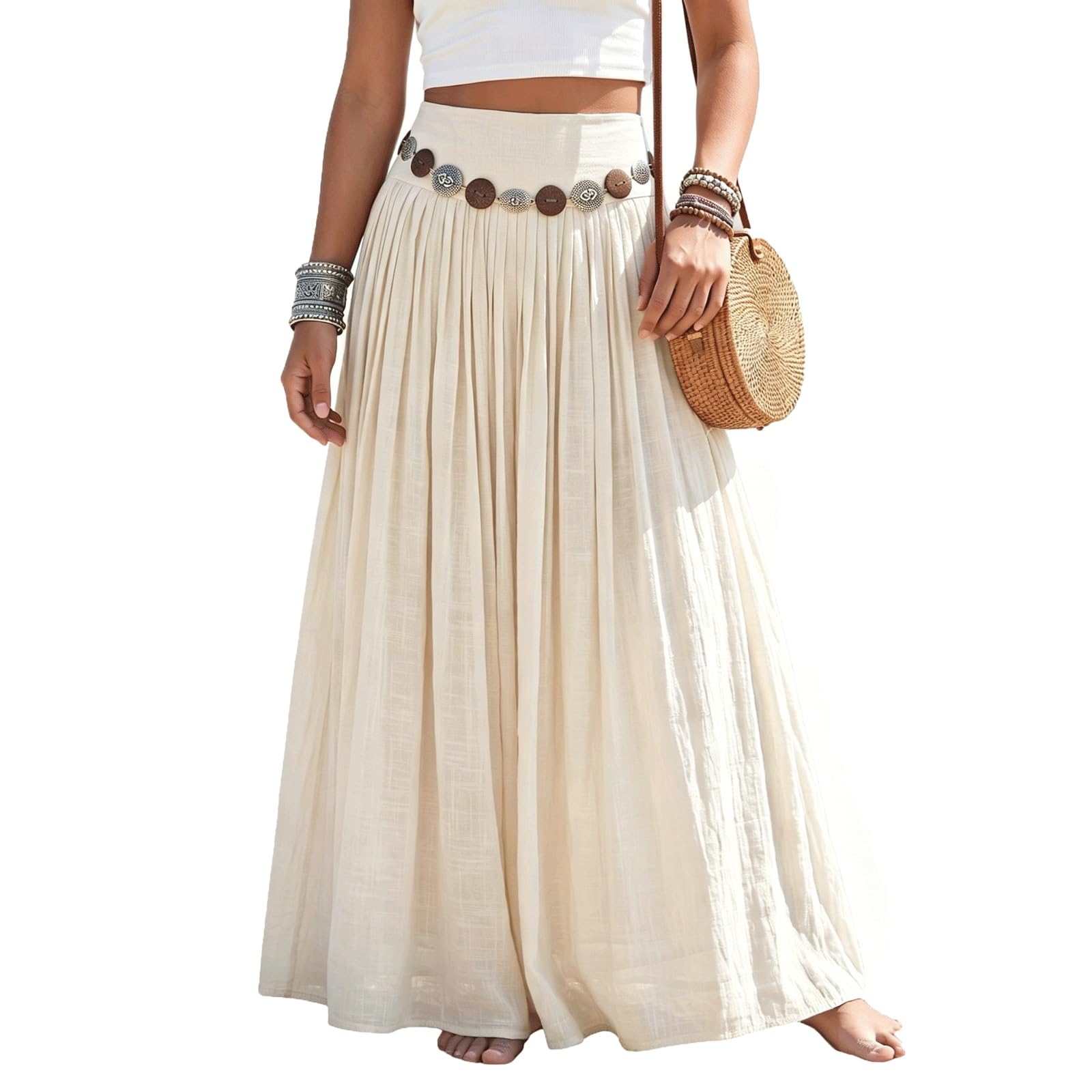 UYHBCNQD Retro Midi Long Skirt Solid Color Women's Maxi Skirts with Waist Chain(Apricot,Lagre)