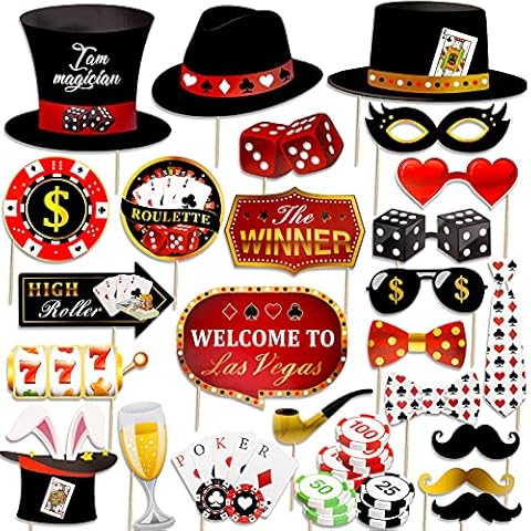 Qpout Las Vegas Casino Photo Booth Props Funny DIY Poker Theme Selfie Props Kit For Night Party Decoration Party Favors 25 Pieces Cover