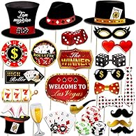 Package Including:25 poker photo props and corresponding number of wooden sticks glue dots. Casino Theme Design:Dollars, tie, dice, poker, chips, and the slogan "Welcome to Las Vegas" "The Winner" will bring you into a marvelous carnival party. Decor...