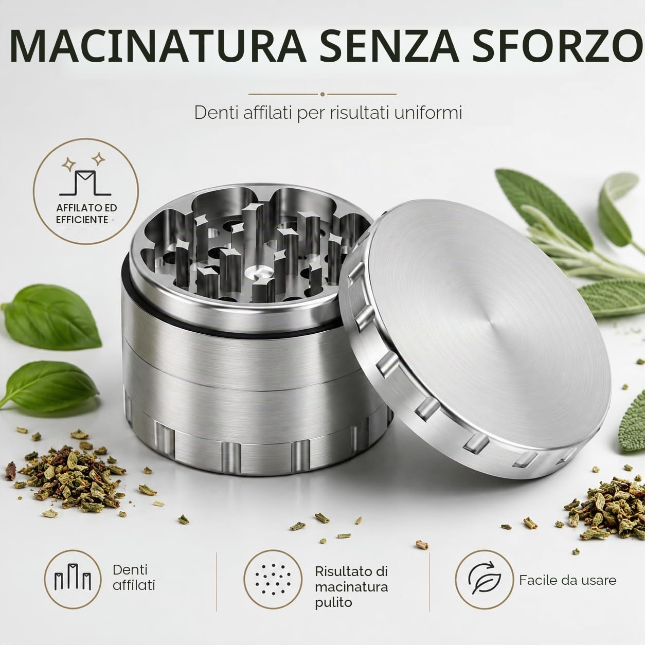 Grinder Premium - Macinino per erbe aromatiche in acciaio inox, 4 pezzi, Ø 63 mm, con custodia protettiva con chiusura lampo, raschietto per polline, pennello e boccaglio
