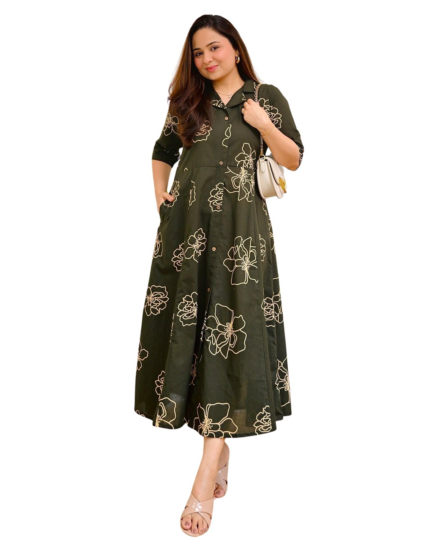 jmvd women's floral print shirt collar midi dress, 3/4 sleeves, a-line fit, red, green, brown
