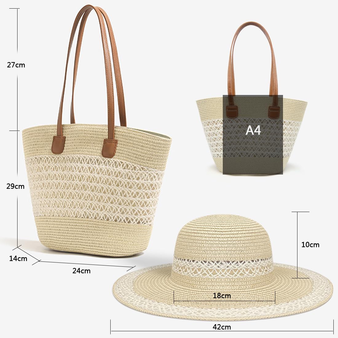Pahajim Ensemble Sac et Chapeau en Paille Cabas Femme Raphia Chic Sac a Main Ete avec Fermeture Éclair pour Plage Voyage Vacances
