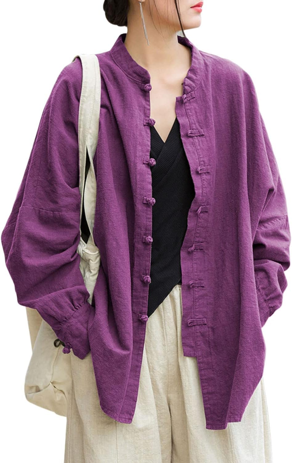 Lazutom Tunique pour femme en coton et lin avec bouton grenouille et col mandarin pour arts martiaux chinois Kung Fu Tai Chi