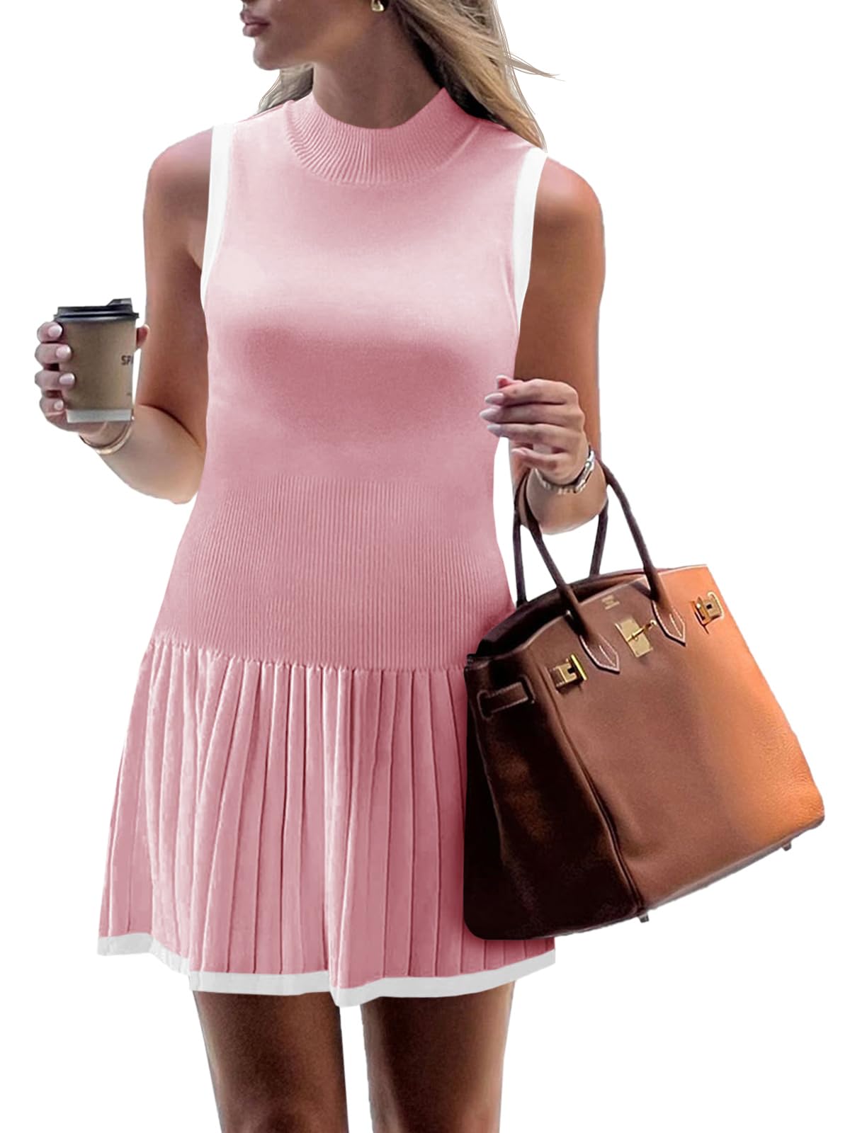 Wenrine Womens Pleated Mini Dress Sleeveless Summer Tank Dresses | Mock Neck, Drop Waist, Flowy, Ribbed Knit, Casual Short Dress
