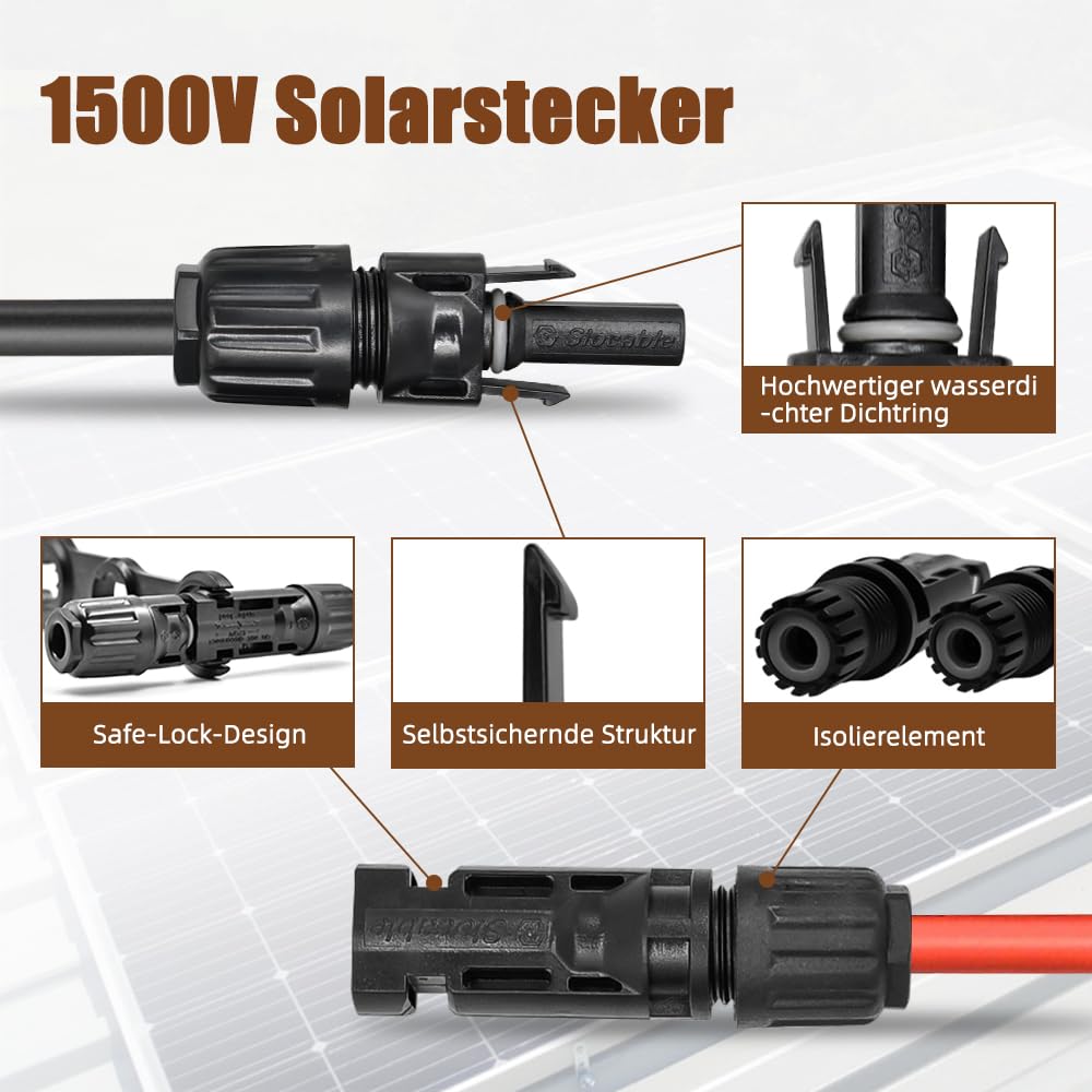 Solarkabel 6mm2 15m, H1Z2Z2-K Solar Verlängerungkabel mit IP68 Wasserdicht Solarstecker, für Solaranlage Photovoltaik System