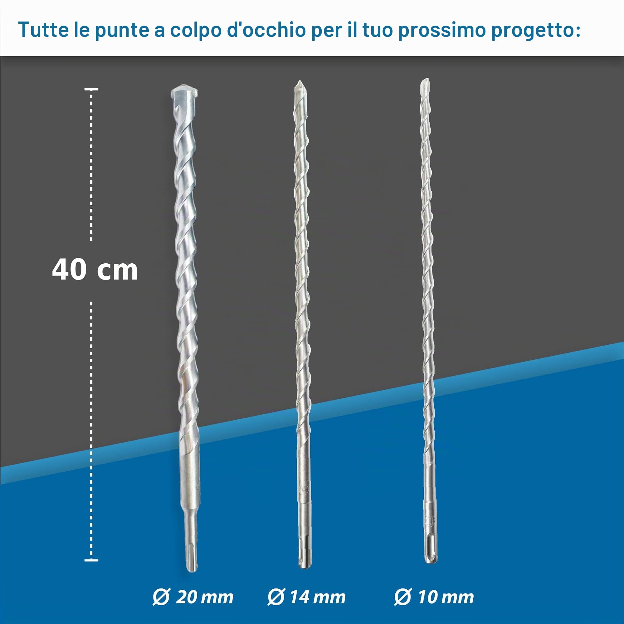 sds plus - Set di 3 punte da trapano per pietra, Ø 10-14-20 mm x 40 cm, ideali per muratura, calcestruzzo, pietra naturale in metallo duro di alta qualità
