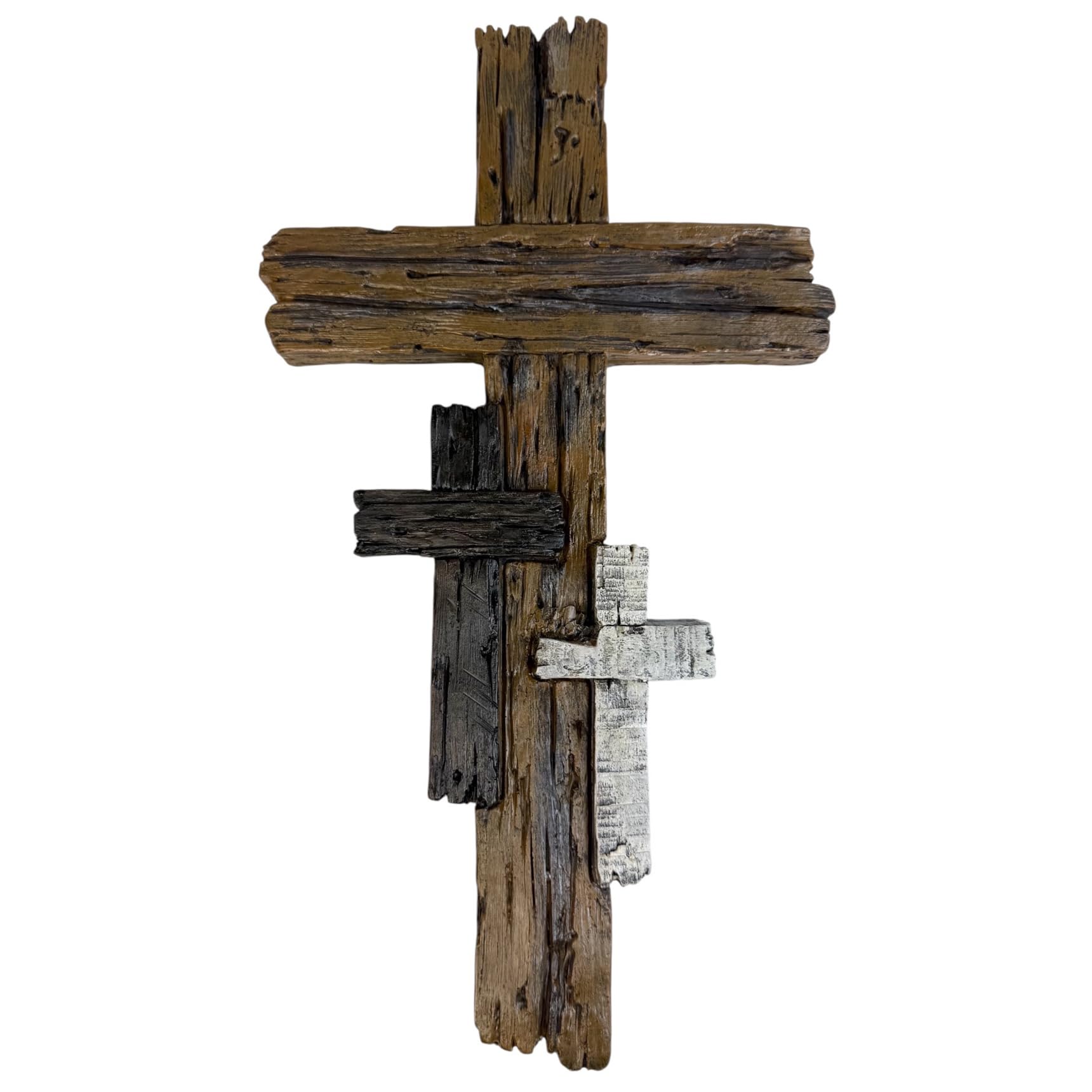 Three Cross Rustic Wall Décor – Large 15 1/2” Tall Layered Resin Wall Cross Sculpture with Distressed Wood Look – Symbolic Christian Art for Home,