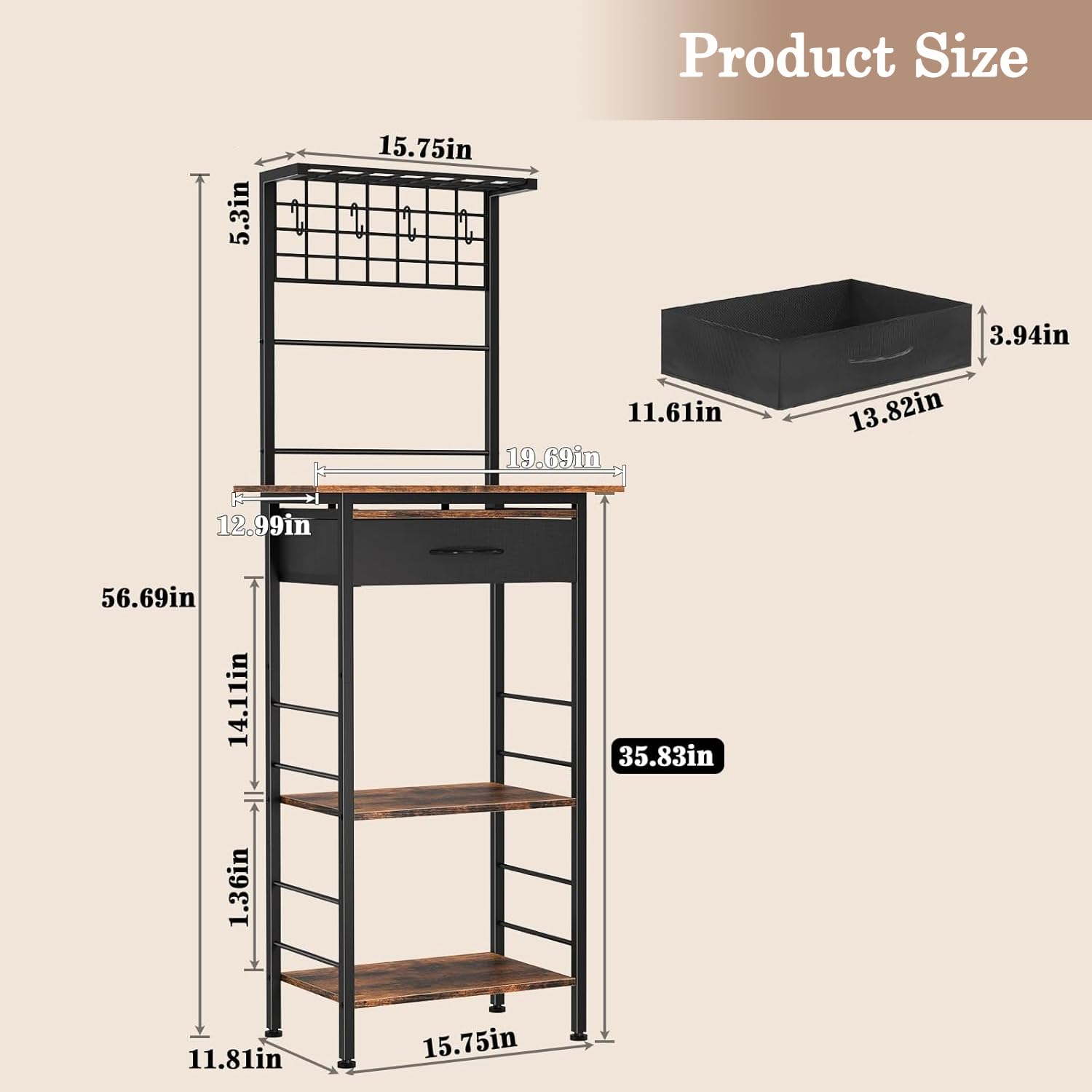 Estación de barra de café, soporte de café de 5 niveles con cajones de almacenamiento organizadores, gabinete de esquina de cocina con 4 ganchos en forma de S y madera doble, estante de cocina para