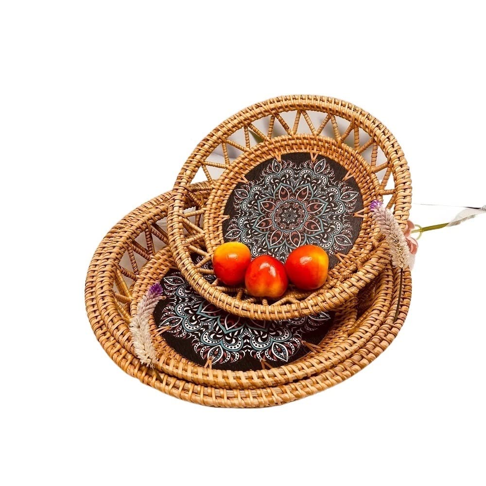 Basket Storage Box Kitchen 3pcs Rattan Creative Printing Circular Hollow Fruit Plate Table Top Snack Sundries Hotel Household Clothing