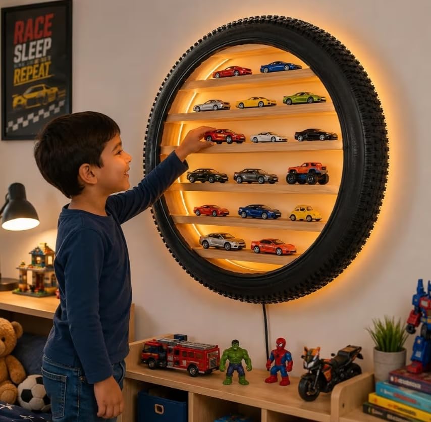 Image of Wooden Wall Shelf Display Rack for 1:64 Scale Die-Cast Cars, Warm White | LED Light, Rugged Tyre Frame Storage Organizer, Hot Wheels Collection, Decorative Home & Room Decor, 24 x 4 Inch
