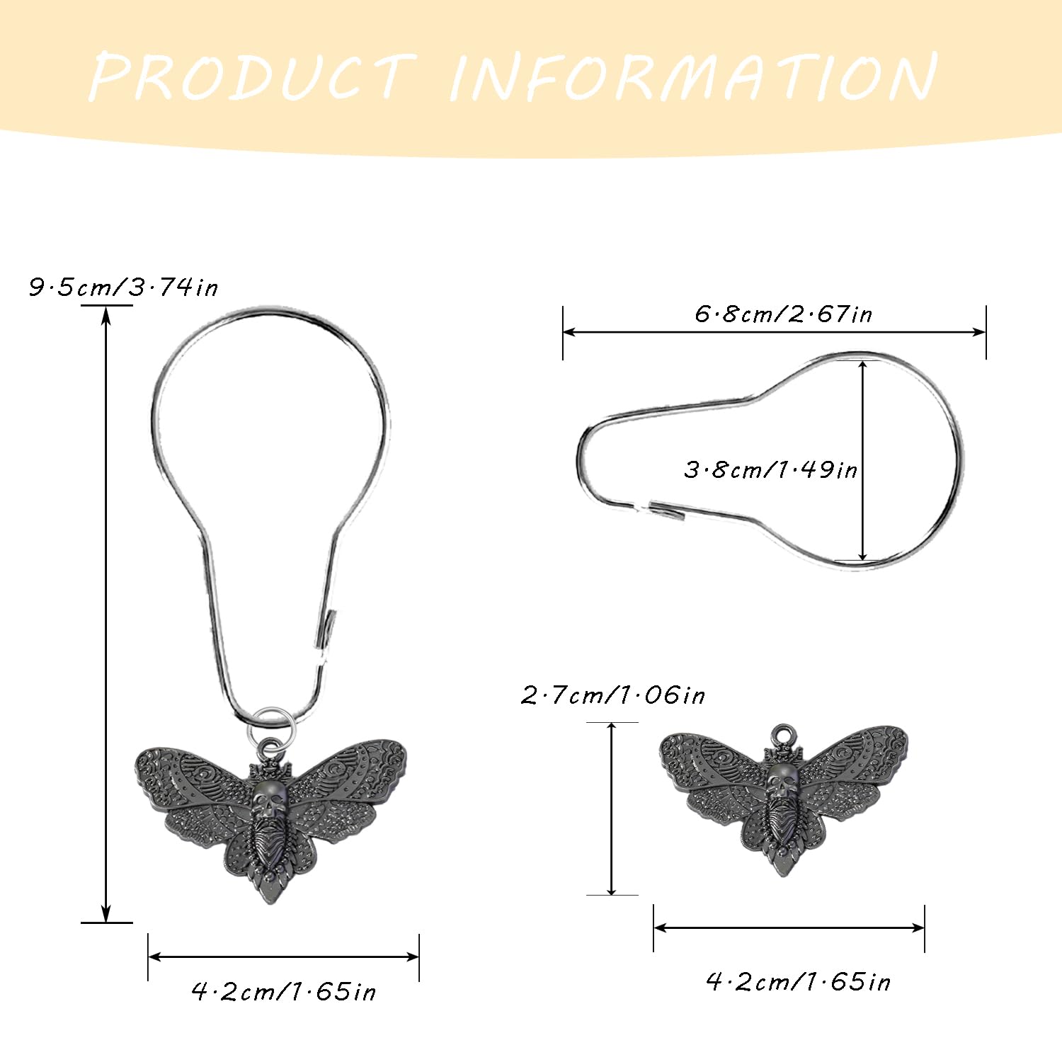 YRMLYMOP Gothic Shower Curtain,12 Pcs Skeleton Shower Curtain Moth Shower Curtain Hooks, Dead Moth with Skull Face Halloween Rustproof Metal Shower Rings,Party Supplies Haunted House Decoration