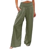 XUNRYAN Women's Cotton Linen Wide Leg Pants Summer Casual High Waisted Boho Palazzo Pants Baggy Lounge Trousers w Pockets