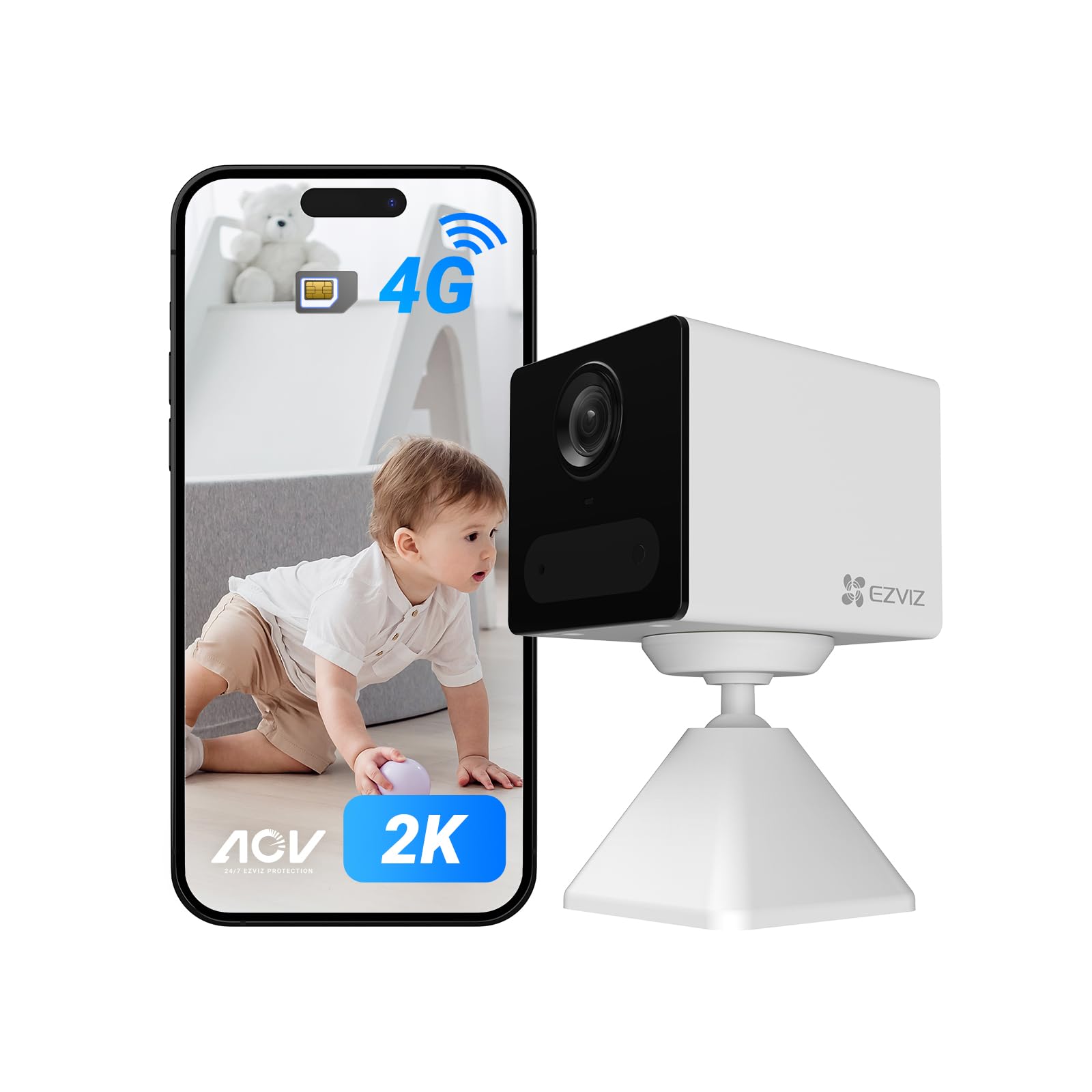 EZVIZ 4G Caméra Surveillance intérieure sans Fil, 2K, Mode AOV, Détection de Personne, Carte SD jusqu'à 512 Go (Non Incluse), Vidéo Time-Lapse, Audio Bidirectionnel, Design compacte, CB2 Blanc