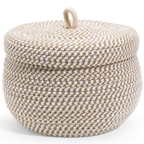 Alipis Cotton Rope Storage Basket with Lid, Round Woven Organizer Basket Small Lidded Container Basket Decorative Storage Bin Home Organizing Basket for Food, Clothes, Sundries, 8.3