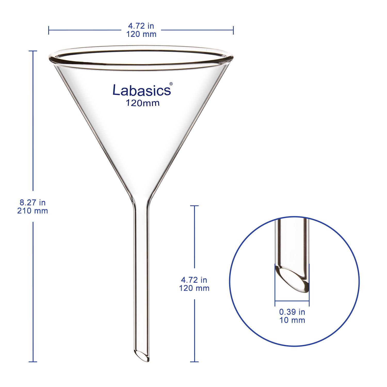 Labasics Entonnoirs en Verre, Lot de 2 Paroi Épaisse Entonnoir en Verre Borosilicaté, Tige Courte 120 mm de Diamètre, Longueur de Tige 120 mm