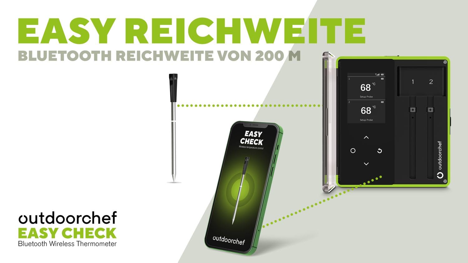 Outdoorchef Easy Check Single Bluetooth - Termometro per barbecue senza fili con app, 1 sonda, portata 200 m, lavabile in lavastoviglie, per barbecue, barbecue e affumicatore