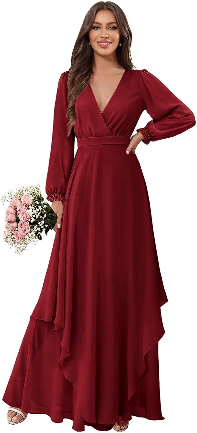 Long Sleeve Bridesmaid Dresses for Women Ruffle Maxi V Neck Pleated Asymmetric Chiffon Formal Dress