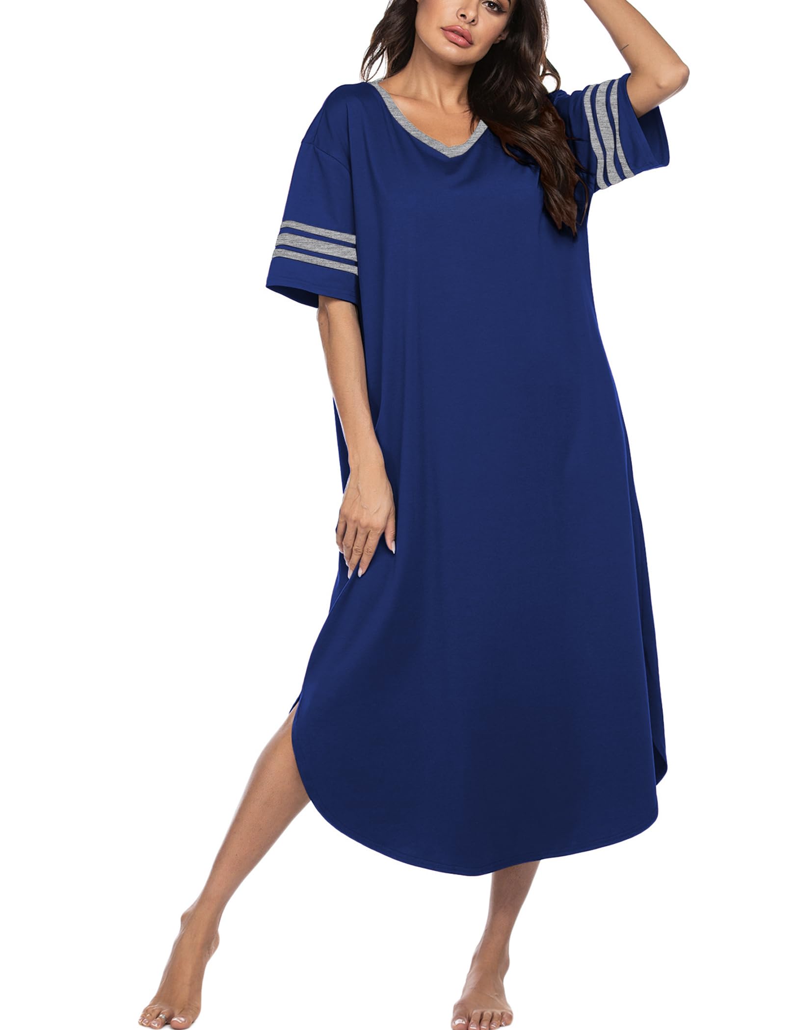 Ekouaer Long Nightgown, Womens V Neck Loungewear Oversized Sleepwear Loose Sleep Dress S-4XL Deep Blue, Large