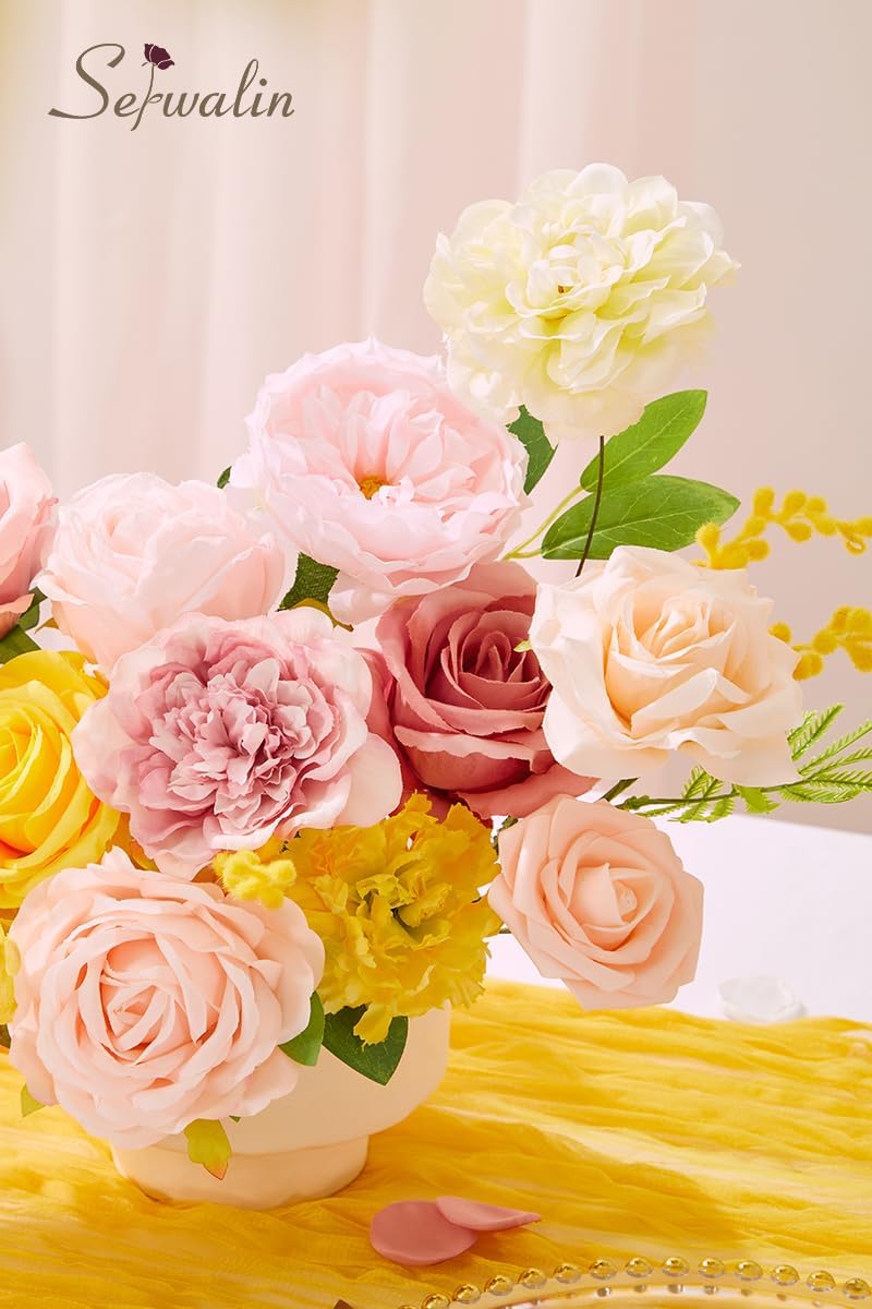Serwalin Artificial Flowers,Pink Yellow Silk Fake Flowers Box for DIY Wedding Bridal Bouquet, Wedding Cake Flowers for Table Centerpieces Birthday Party Bridal Shower Home Decorations - Image 7