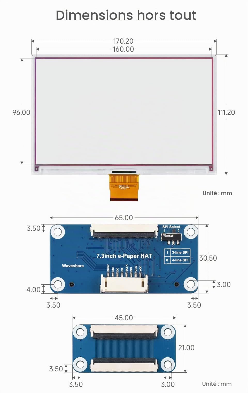 Waveshare 7.3inch ACeP 7-Color E-Paper Hat(with PCB), 800x480 Resolution, SPI Interface, Low Power Consumption, Wide Viewing Angle, Paper-Like, for Shelf Label/Industrial Instruments, etc