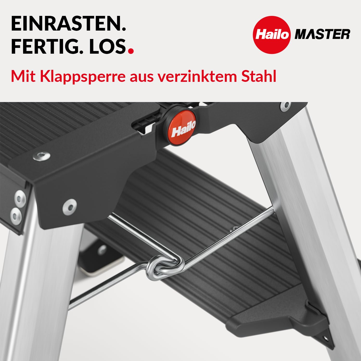 Hailo Master D70 Alu-Trittleiter 2x2 Stufen, EN 14183, bis 150 kg, Silber | Beidseitig begehbare Klappleiter, rutschhemmende Stufen, gummierte Füße, kompakt